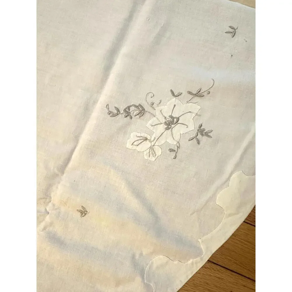 New VTG Madeira Style Round Linen Tablecloth 64.5” + 8 Napkins Appliqué Floral